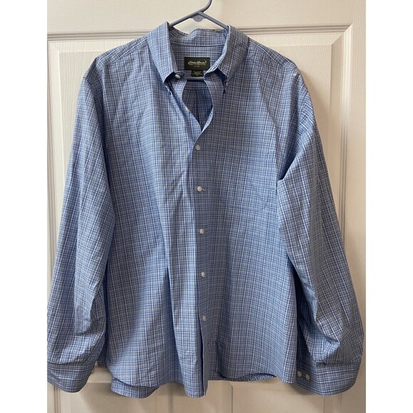 Eddie Bauer Outdoors Top Mens XL Blue  White Mini Plaid Button Down Shirt - Picture 7 of 7